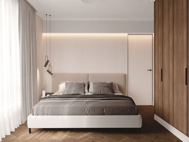 beżowa sypialnia z dodatkiem drewna