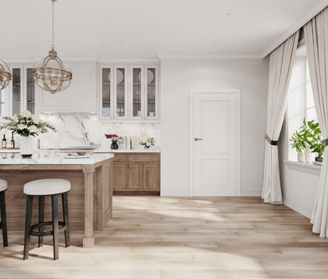 białe drzwi wewnętrzne, duża wyspa kuchenna
