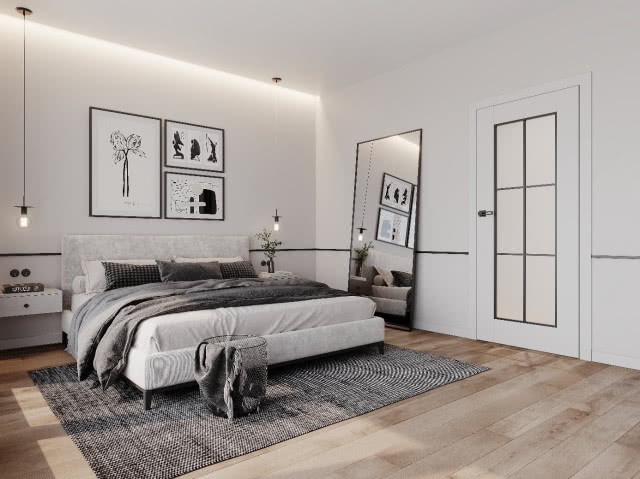 Białe drzwi z przeszkleniem, sypialnia, duże lustro, obrazy
