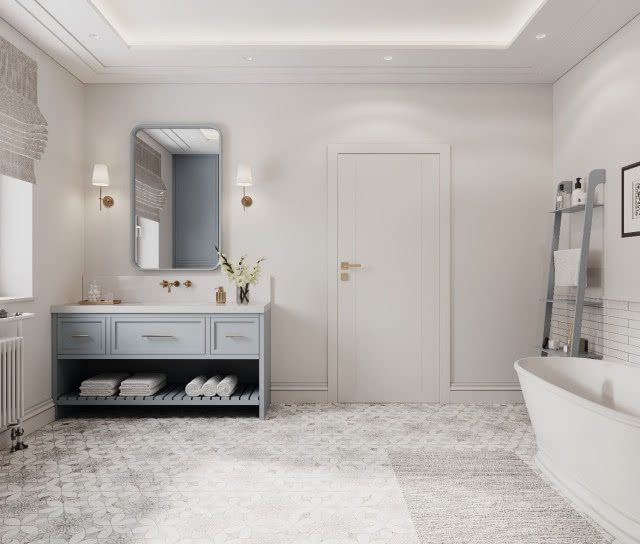 białe drzwi do łazienki, Wanna wolnostojąca, kinkiety