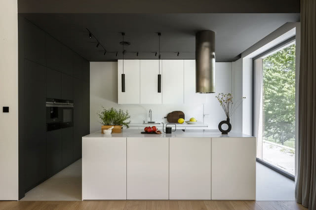 Biała, minimalistyczna kuchnia z czarnym sufitem