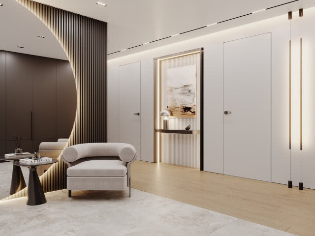 przedpokój, duże okrągłe lustro, lamele ścienne, stolik, fotel