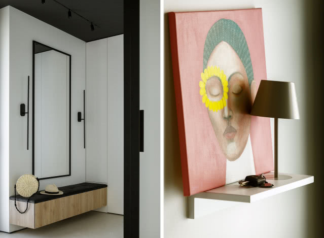 Minimalistyczny przedpokój i sztuka w nowoczesnym domu