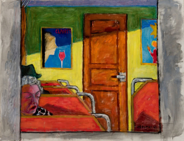 obraz przedstawiający kolorowy przedział pociągu