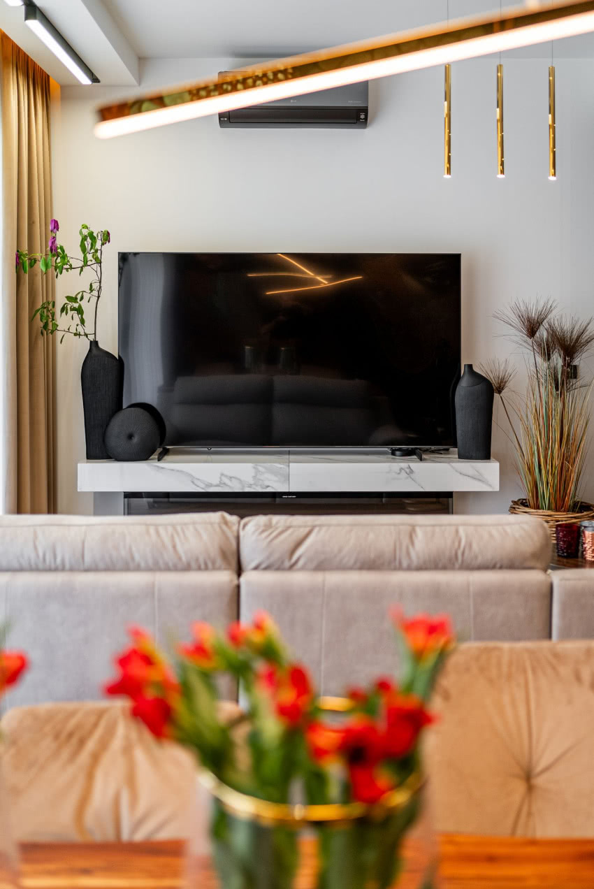 Telewizor w towarzystwie czarnych wazonów...