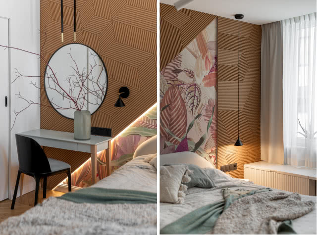 drewniane ściany w sypialni i tapeta
