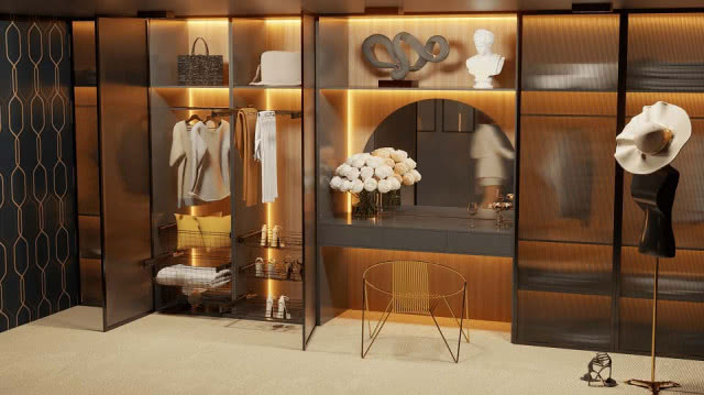 garderoba, toaletka z okrągłym lustrem, krzesło,