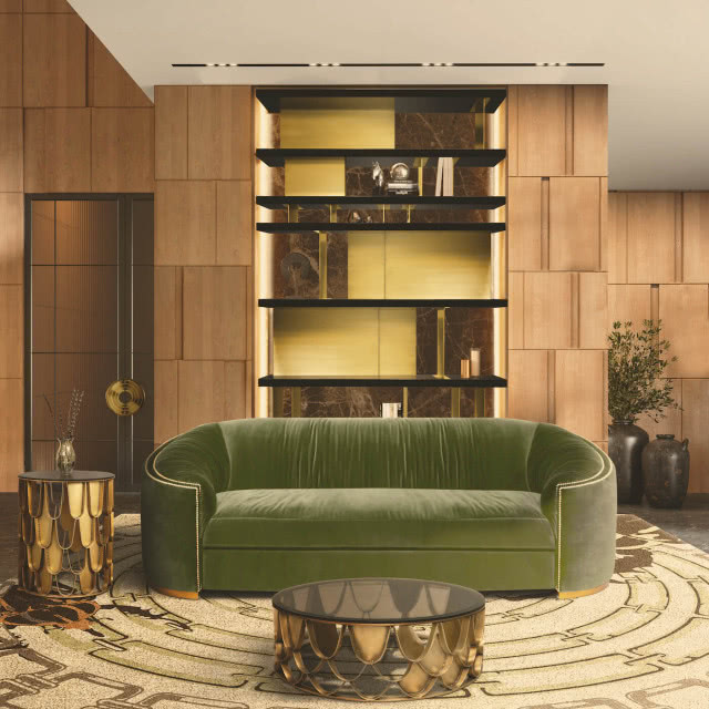 wnętrze w stylu opulent marmur i drewno