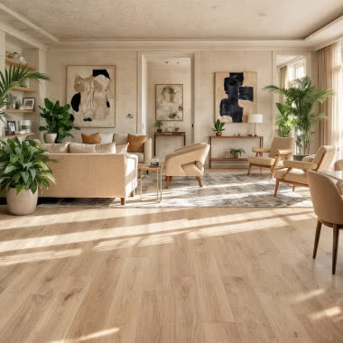 salon z jadalnią. Drewniana podłoga, duże zielone kwiaty doniczkowe