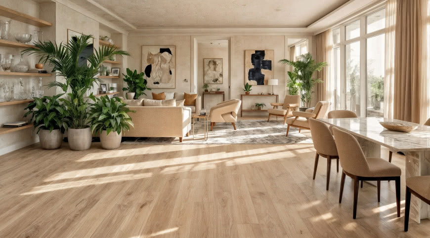 salon z jadalnią. Drewniana podłoga, duże zielone kwiaty doniczkowe