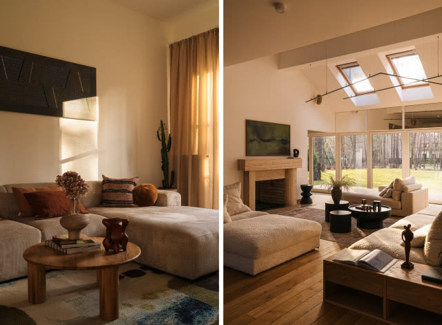 beżowy salon z drewnem