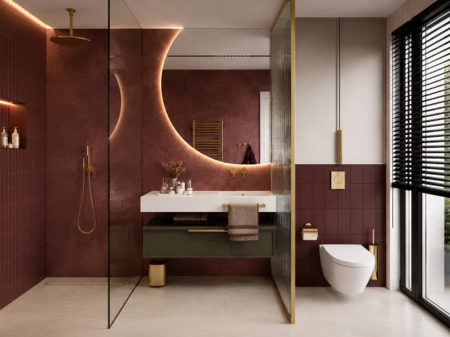 Nowoczesna łazienka w stylu domowego SPA z kabiną walk-in, szkłem prysznicowym, dużym podświetlanym lustrem i złotymi detalami.