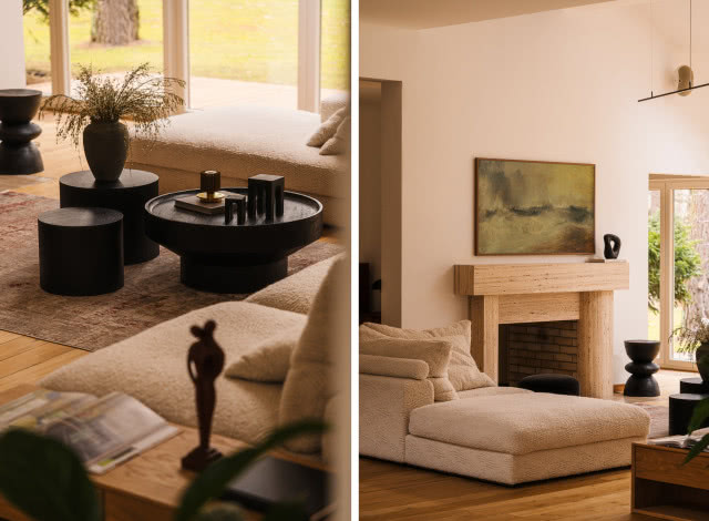 beżowy salon z drewnem i trawertynem