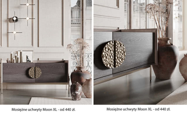 mosiężne uchwyty Moon, komoda, wazony z kwiatami, kinkiety, sztukateria