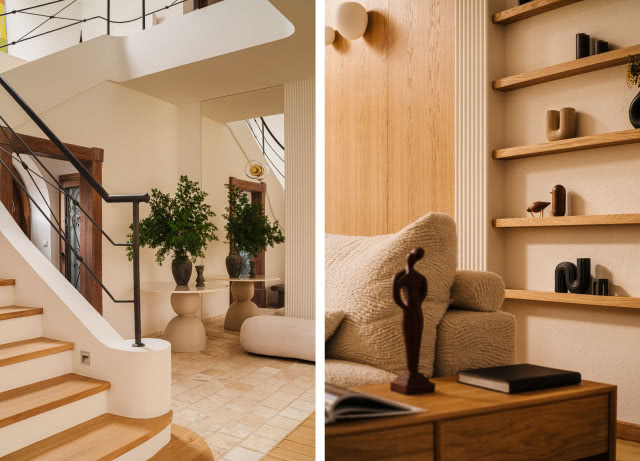 fornir drewniany i schody w jasnym domu