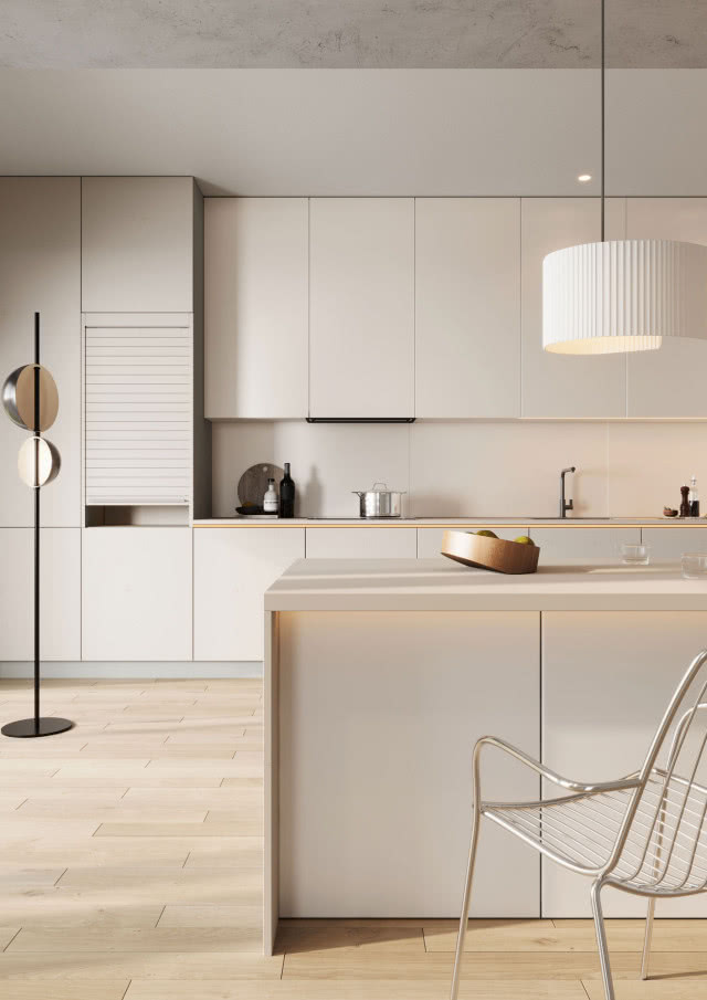 fronty kuchenne z polimerowego szkła, półwysep kuchenny z krzesłami, oświetlenie punktowe, duże okno, drewniana podłoga