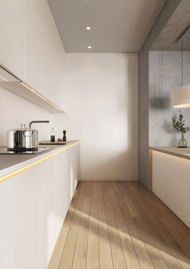 fronty kuchenne z polimerowego szkła, półwysep kuchenny z krzesłami, oświetlenie punktowe, duże okno, drewniana podłoga, płyta grzewcza indukcyjna, garnek