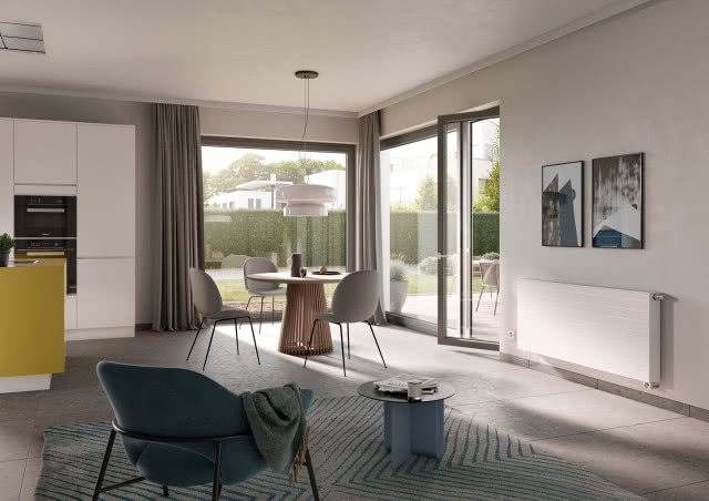 grzejnik, obrazy, fotel, stolik kawowy, okrągły stół z krzesłami, taras, meble ogrodowe, wyspa kuchenna, piekarnik, dywan