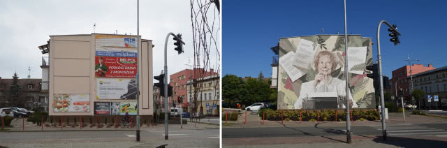 Mural Wisławy Szymborskiej - przed i po