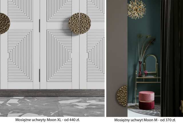 mosiężny uchwyt  Moon do drzwi szafy, puf, toaletka, pawie pióra