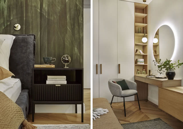 Biała sypialnia z dodatkiem zieleni i drewna