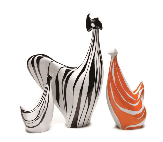 Lubomir
Tomaszewski,
figurki Kogut
i kurki, Instytut
Wzornictwa
Przemysłowego
w Warszawie,
1957–1958,
porcelana ręcznie
malowana
