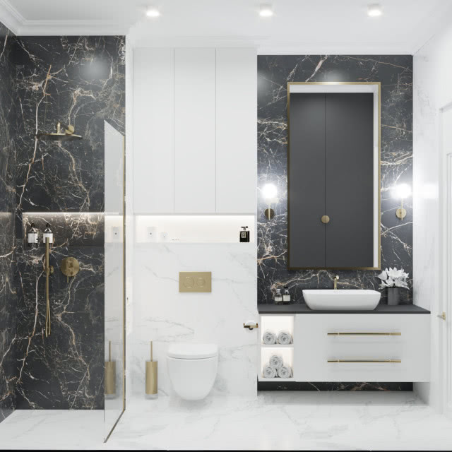 kabina prysznicowa, deszczownica, półki na płyny do kąpieli, ozdobny grzejnik, biała szafka podumywalkowa, umywalka nablatowa, sedes