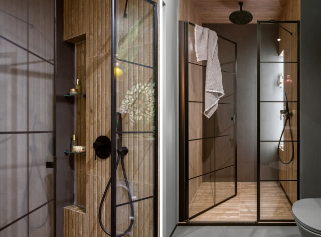 płytki drewnopodobne z industrialną ścianką prysznicową