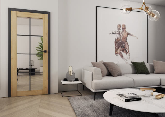 Model: Loft 20, dekor: Dąb Bawaria, czarne szprosy, czarna ościeżnica. 