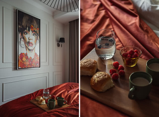 Sypialnia w ciemnym drewnie i czerwieni