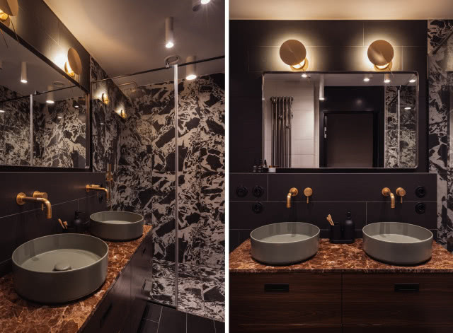 Ciemna łazienka z kamieniem