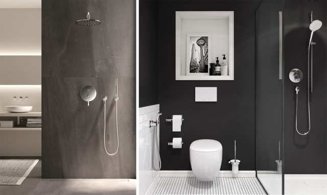 Od lewej Podtynkowa bateria wannowo-natryskowa KLUDI NOVA FONTE PURA , Bateria podtynkowa KLUDI BOZZ, zestaw higieniczny KLUDI BOZZ                                  , sedes, kabina prysznicowa, deszczownica, umywalka nablatowa, wieszaki na papier toaletowy