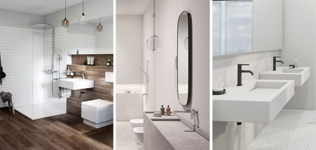 Od lewej zestaw natryskowy KLUDI COCKPIT Discovery, KLUDI AMEO, baterie umywalkowe KLUDI NOVA FONTE PURA, drewno na podłodze i ścianach, kwadratowy sedes, kwadratowa umywalka, kabina prysznicowa, deszczownica, owalne lustro w czarnej ramie, oświetlenie sufitowe, bateria umywalkowa podtynkowa, czarne baterie umywalkowe