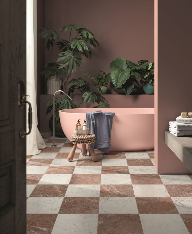 nowoczesna łazienka biało-różową szachownicą