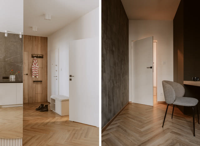 Biały przedpokój z drewnem i szarością