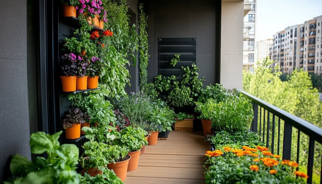 wąski balkon cały w ziołach