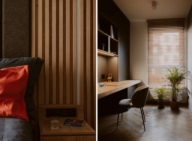 Ciemny gabinet i sypialnia z lamelami