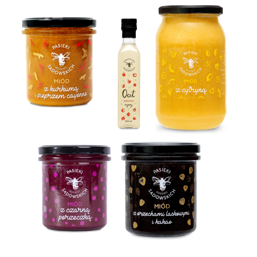 2 zestawy składające się z octu jabłkowego i dwóch słoików miodu smakowego Pasieki Rodziny Sadowskich