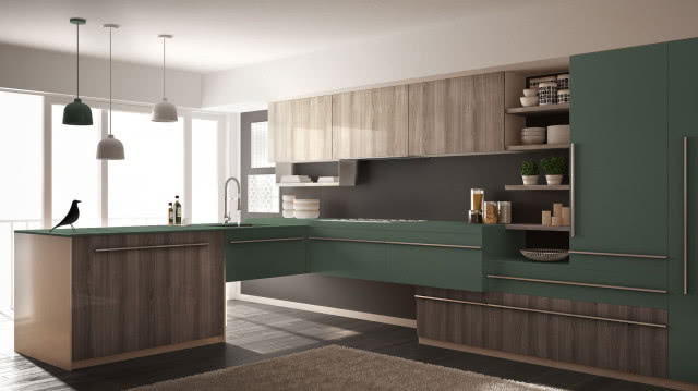 zielone fronty kuchenne, półwysep kuchenny, zastawa stołowa, zioła, przyprawy lampy wiszące nad półwyspem