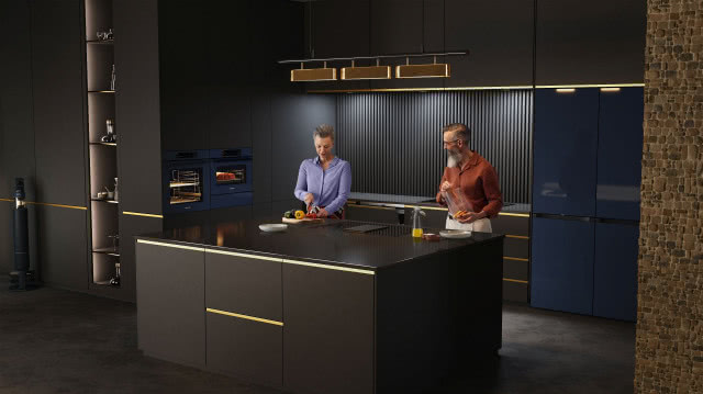 czarne meble kuchenne, okap sufitowy, wyspa kuchenna, płyta indukcyjna, piekarnik do zabudowy, zabudowana lodówka
