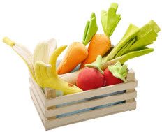 Skrzynka pełna warzyw (por, marchewka, pomidory i banan), Haba