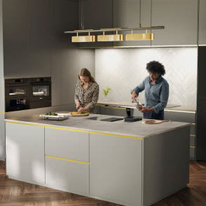 szare meble kuchenne, okap sufitowy, wyspa kuchenna, płyta indukcyjna, piekarnik do zabudowy, zabudowana lodówka