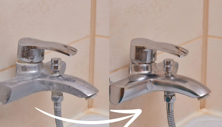 Wyciągam ten tani składnik z szafki kuchennej i czyszczę krany. Lśnią jak diamenty, aż miło