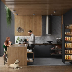 szuflada box, okap, jodełka na ścianie, czarne fronty kuchenne, płyta gazowa, ekspres do kawy, kwiat w doniczce, wyspa kuchenna, lamele na suficie, pies, duże okno