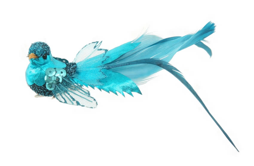 Dekoracyjny ptaszek ozdobiony piórami, cekinami...