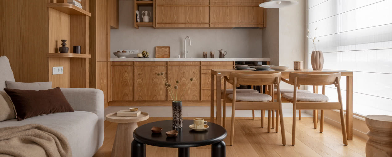 Wszędzie drewno. Mieszkanie w Łodzi - 65 m2 w stylu japandi