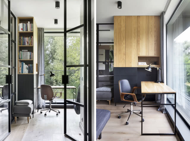 Gabinet w drewnie i czerni ze szklaną ścianką