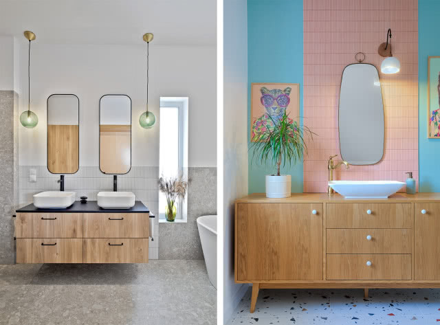 łazienka w różnych kolorach mozaiki, drewniane szafki podumywalkowe, duże lustro