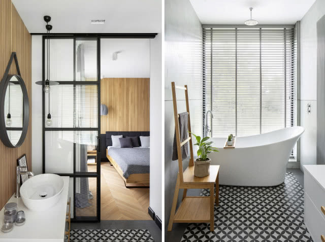 Sypialnia z łazienką odgrodzoną szklaną ścianką