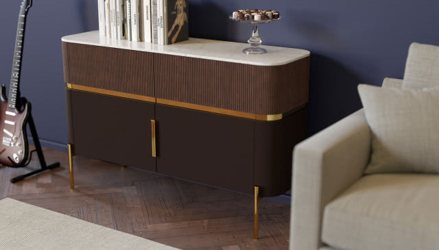 gitara, komoda, kanapa, książki, patera ze słodyczami